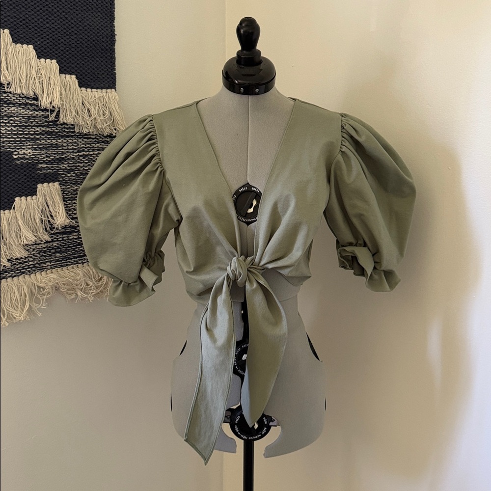 SOLD. Olive Green Puff Sleeve Tie-Front Top